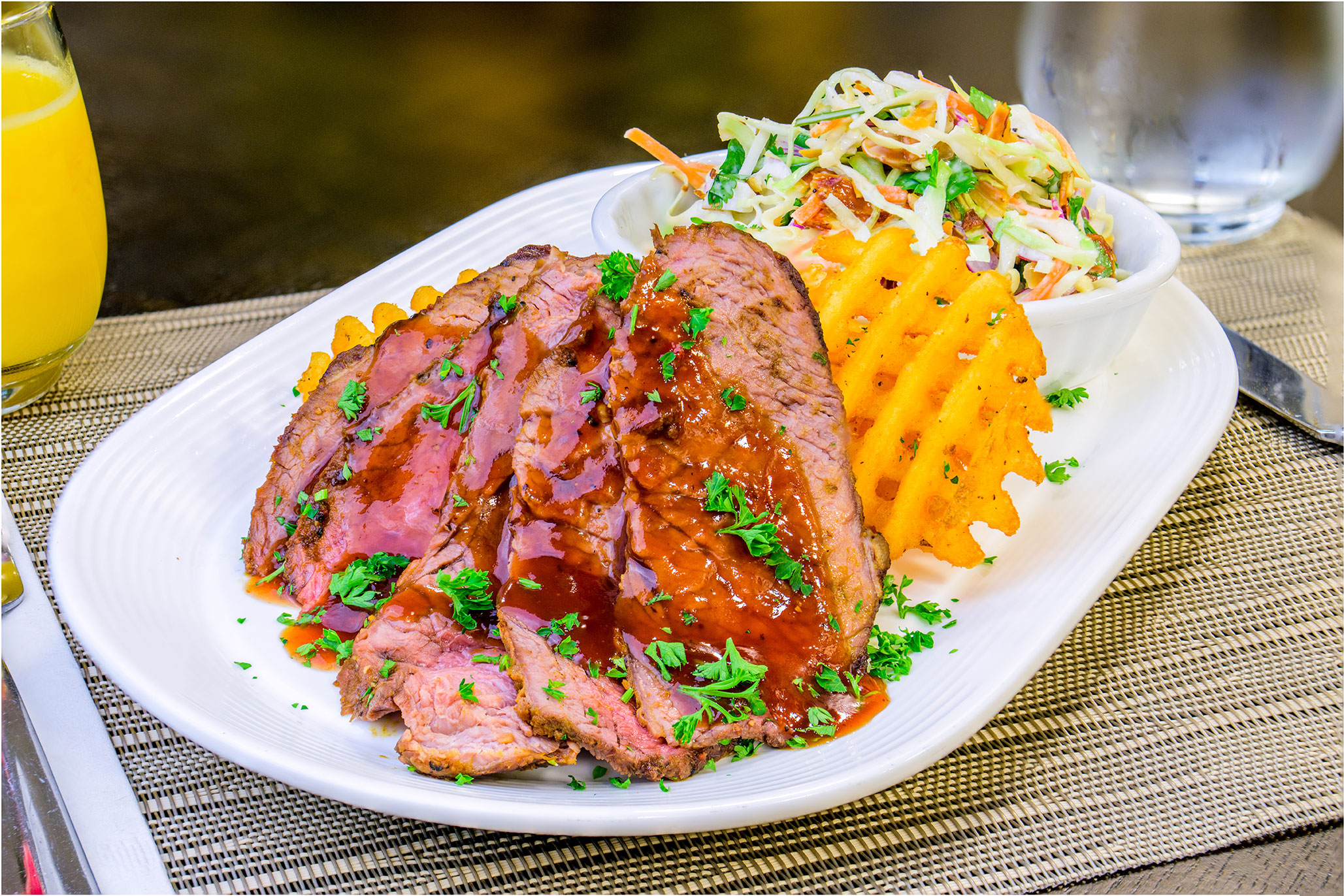 BBQ tri tip, waffle fries, coleslaw Elevate Dining